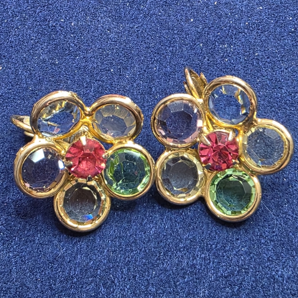 Gorgeous Crystal Clip On Earrings Vintage Multicolor Gold Tone 858 - Picture 4 of 4